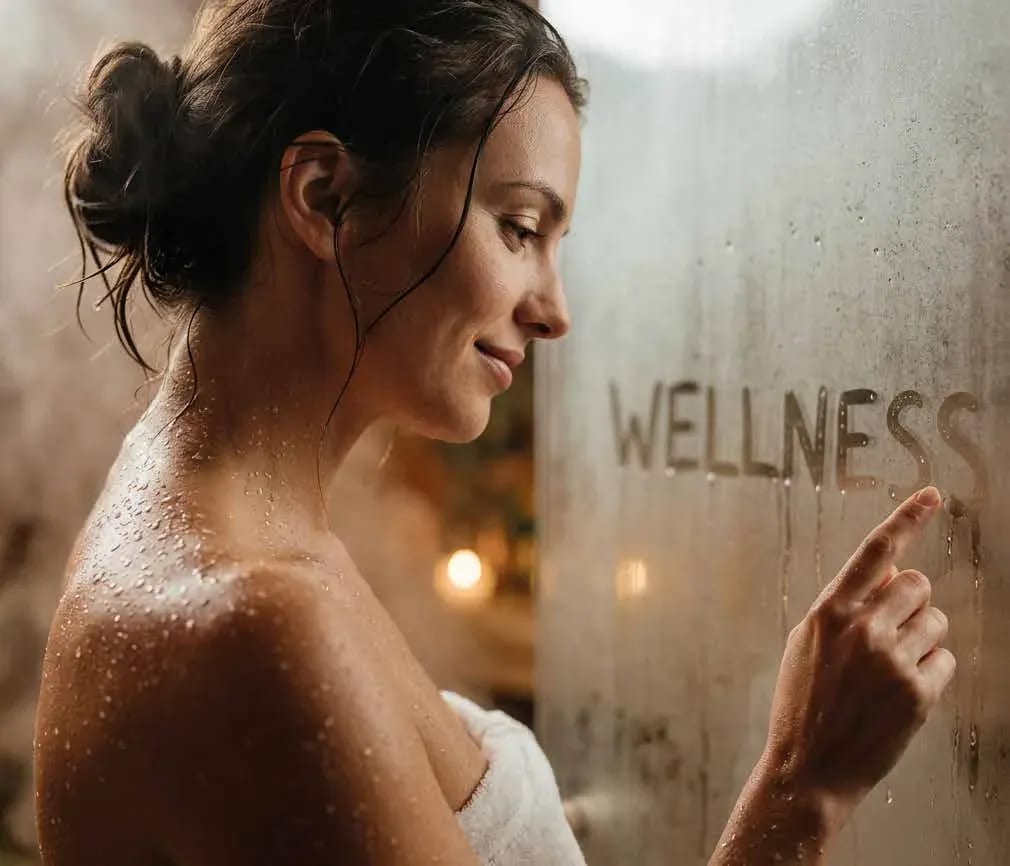 Frau schreibt Wellness auf die beschlagene Glasscheibe im Spa
